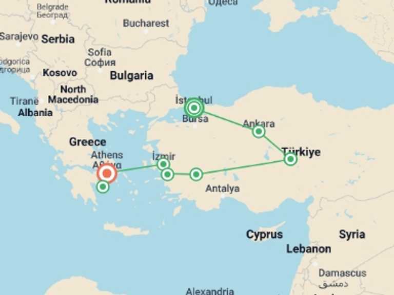 Map of Europe Tour with 7 destination visits for the trip: Flavours Of Turkey And Greece -iii-