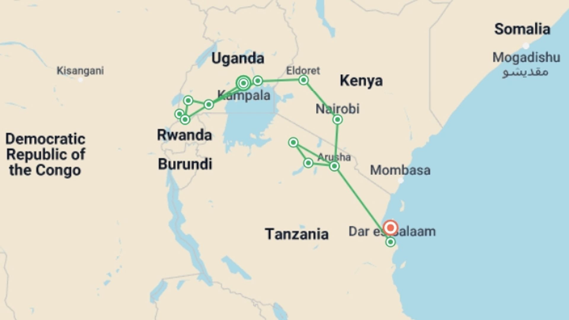 A map showing the tour itinerary for the trip: Uganda to Tanzania Overland Safari with Participation Camping, starting in Kampala, Uganda and ending in Zanzibar, Tanzania going through 12 other destinations.
