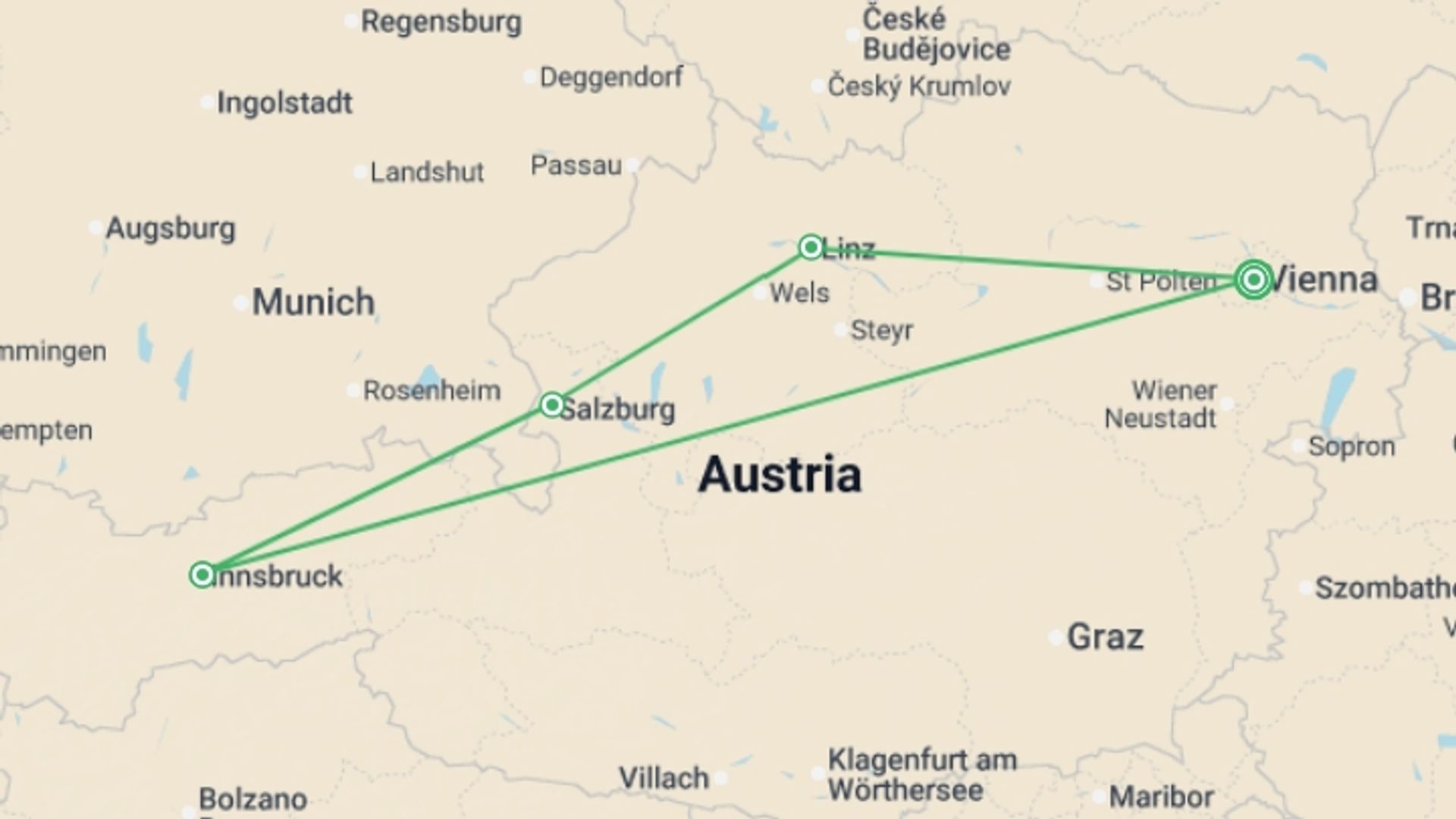 A map showing the tour itinerary for the trip: Total Austria, starting in Vienna, Austria and ending in Vienna, Austria going through 3 other destinations.