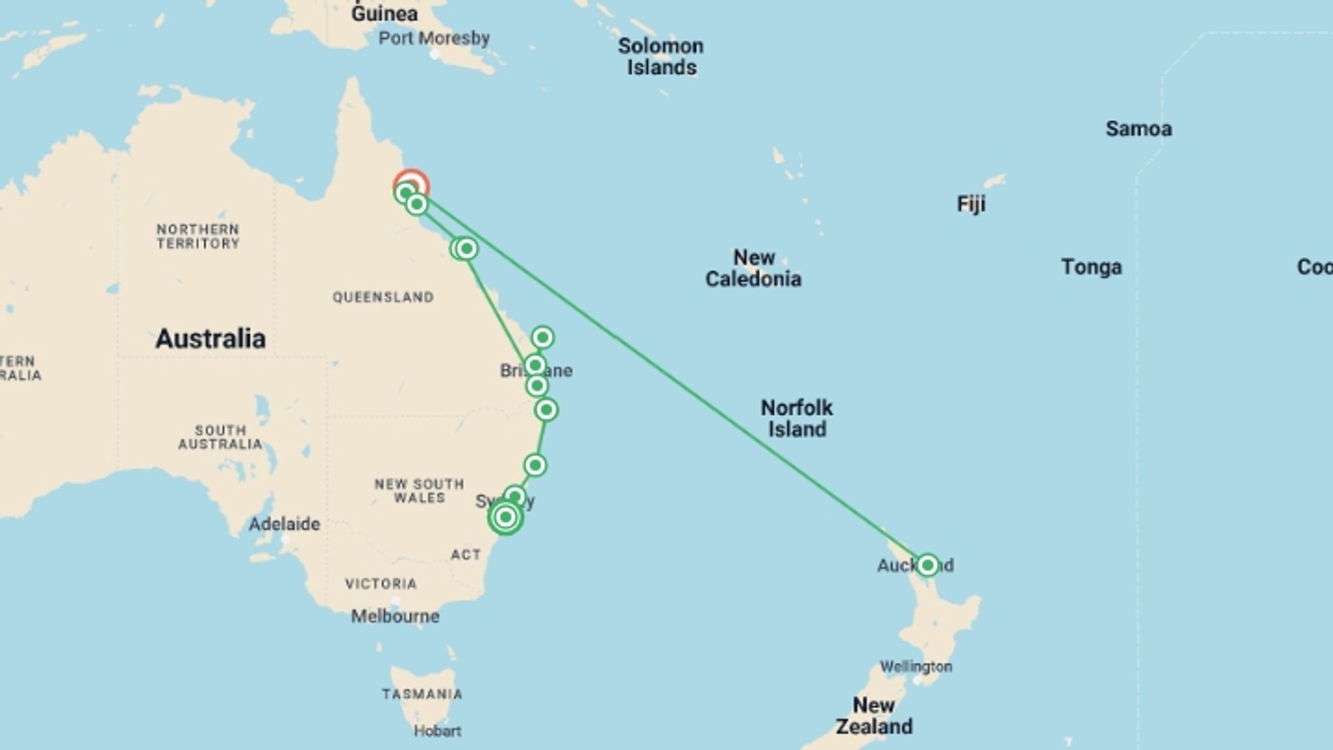 A map showing the tour itinerary for the trip: Sydney to Cairns – 14 Day Boutique Tour, starting in Sydney and NSW, Australia and ending in Cairns, Australia going through 11 other destinations.