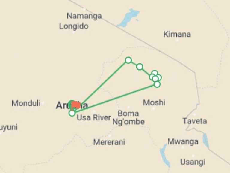 Map itinerary of Tanzania Tour in April 2027 with 10 destination visits for the trip: Kilimanjaro - Lemosho route, 8 days