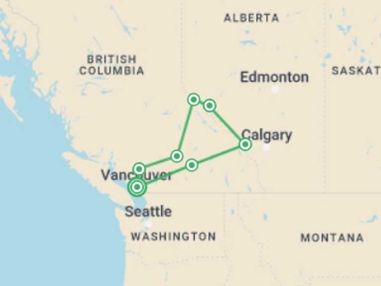 Map of Canada Natural landmarks sightseeing Tour with 6 destination visits for the trip: Canada and the Rockies