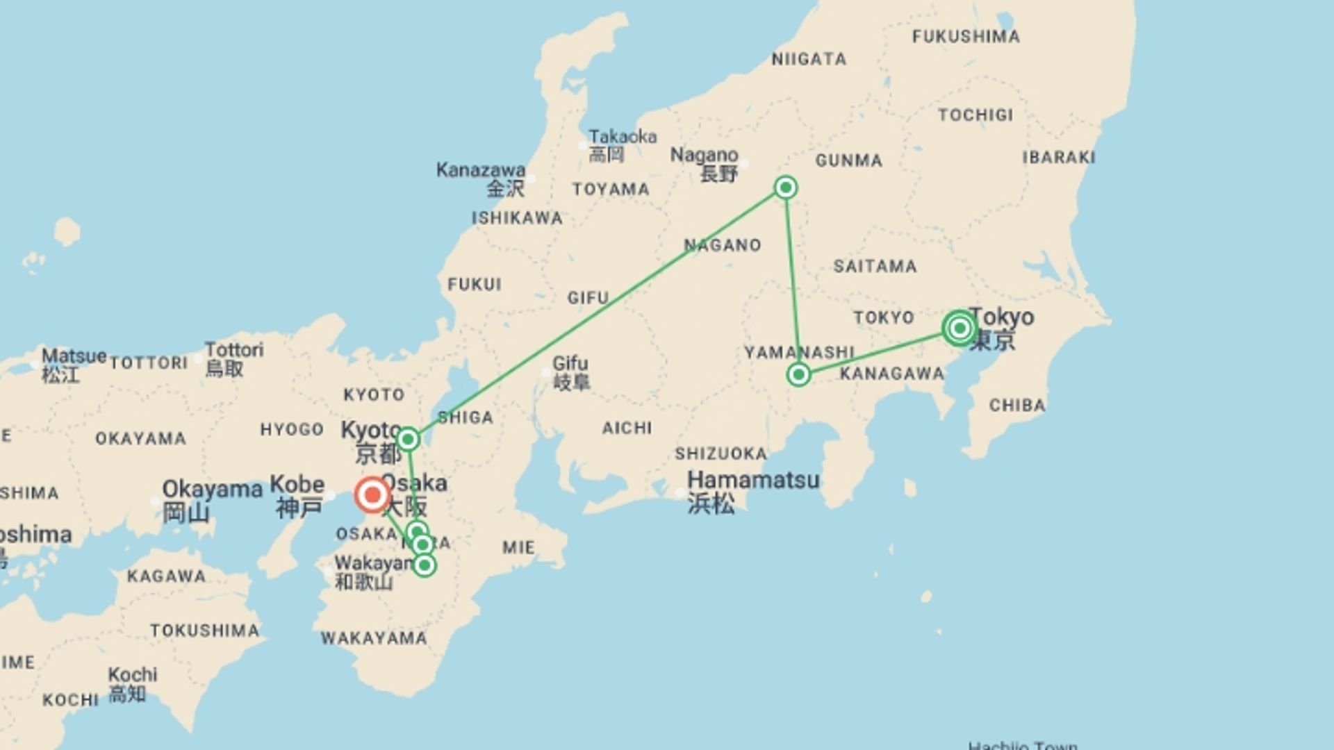 A map showing the tour itinerary for the trip: Backroads of Japan, starting in Tokyo, Japan and ending in Osaka, Japan going through 6 other destinations.