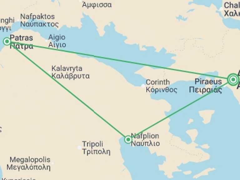 Map itinerary of Europe Tour in December 2025 with 3 destination visits for the trip: Peloponnese and Saronic Islands