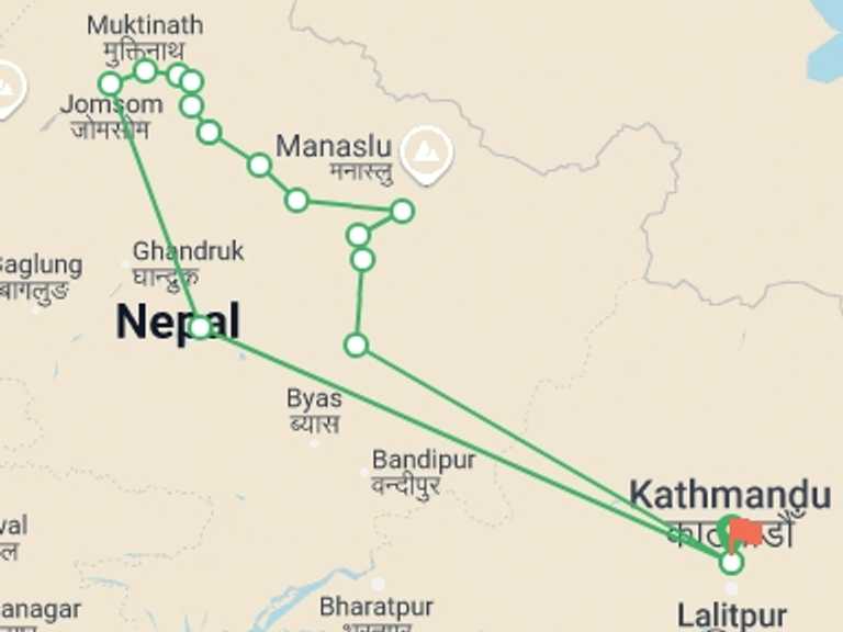 Map of Pokhara Adventure Tour with 13 destination visits for the trip: Annapurna Circuit Trek