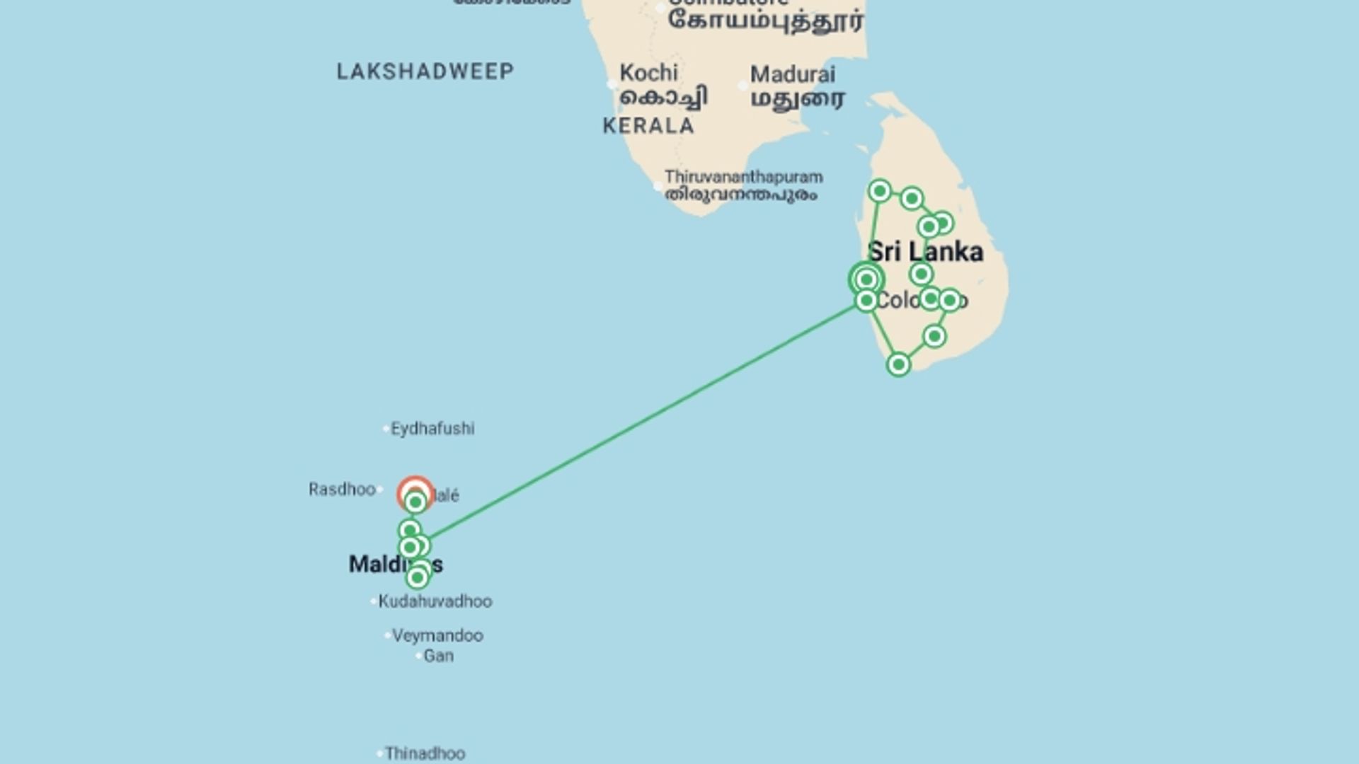 A map showing the tour itinerary for the trip: Sri Lanka in Depth + Maldive Dhoni Cruise, starting in Negombo, Sri Lanka and ending in Male, Maldives going through 16 other destinations.