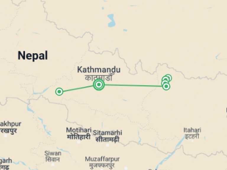 Map itinerary of Nepal Tour in Winter with 7 destination visits for the trip: Everest Monasteries trek and Wildlife 12 Days