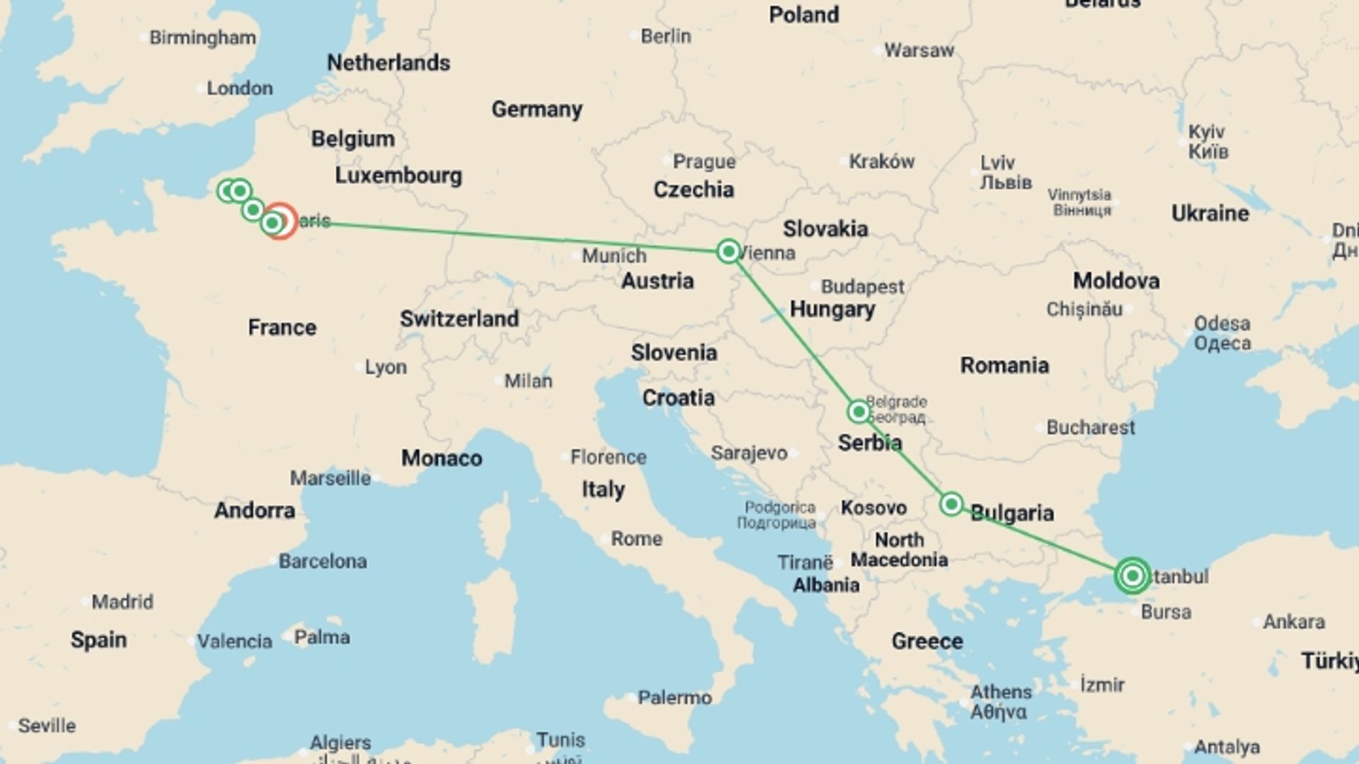 A map showing the tour itinerary for the trip: Cruise & Rail: Istanbul to Paris (2026), starting in Istanbul, Turkey and ending in Paris, France going through 7 other destinations.
