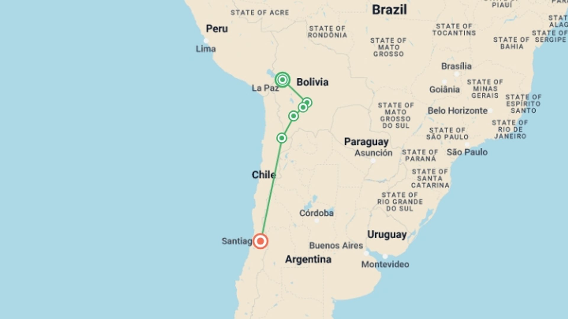 A map showing the tour itinerary for the trip: South America: La Paz, Santiago & the Uyuni Salt Flats, starting in La Paz, Bolivia and ending in Santiago, Chile going through 5 other destinations.