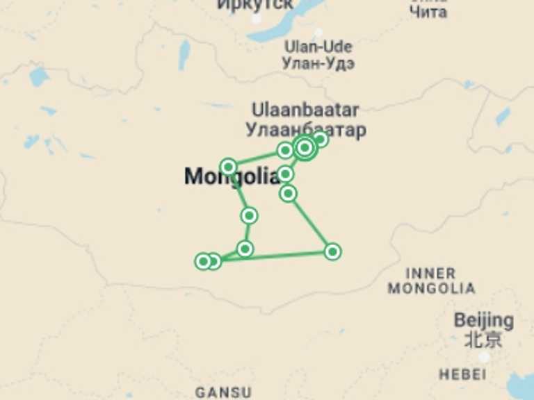 Map of a Adventure Tour with 11 destination visits for the trip: Naadam and Gobi Desert Explorer 
