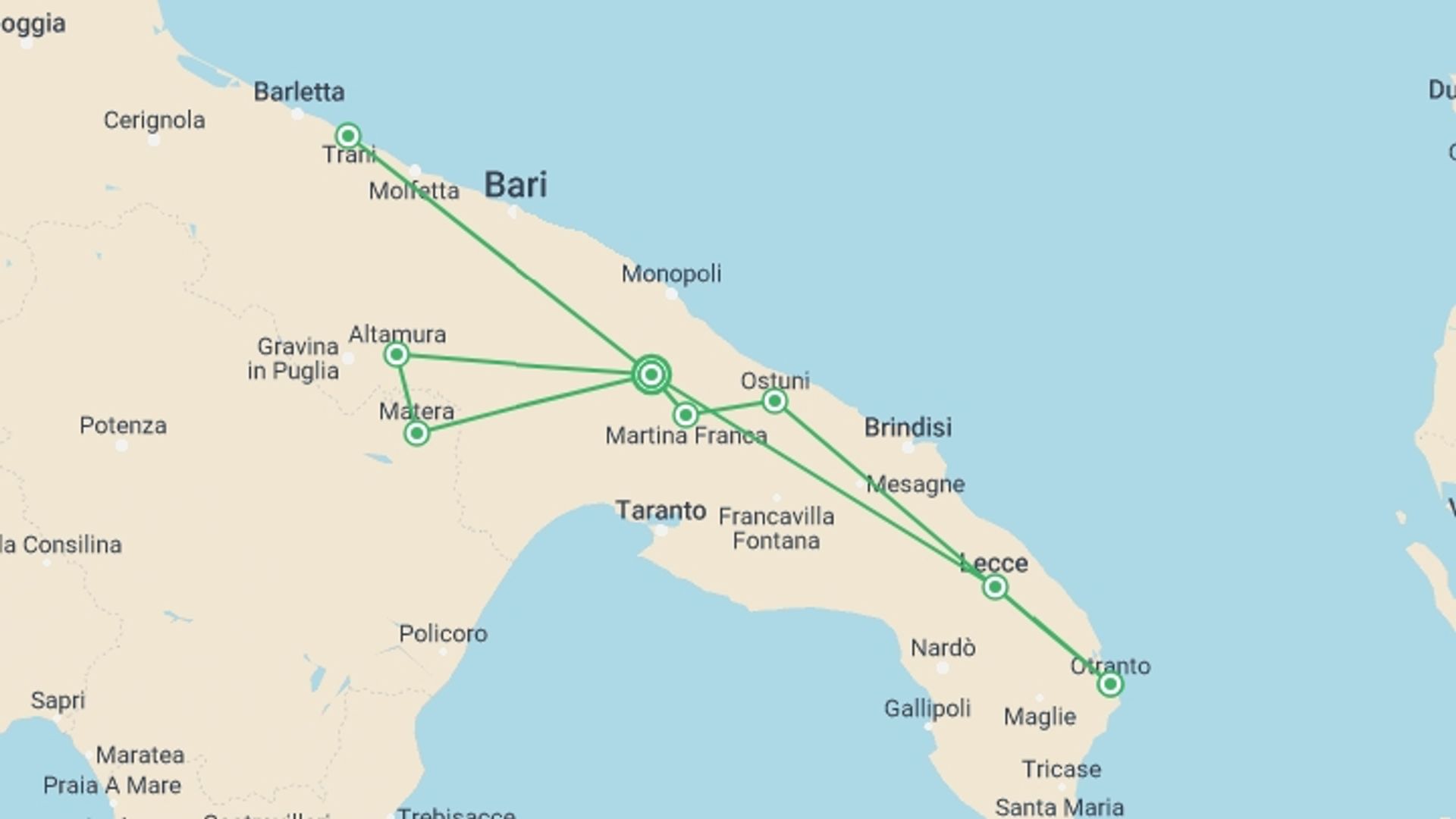 A map showing the tour itinerary for the trip: Apulia & Lecce, Self-drive, starting in Alberobello, Italy and ending in Alberobello, Italy going through 2 other destinations.