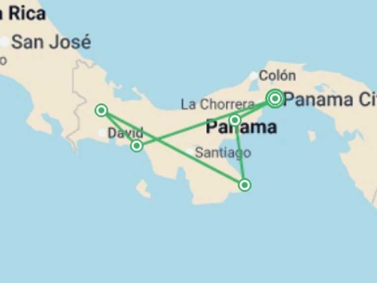 Map of Central America Tour with 5 destination visits for the trip: Self-Drive: Panama Adventure & Beach Explorer 15D/14N
