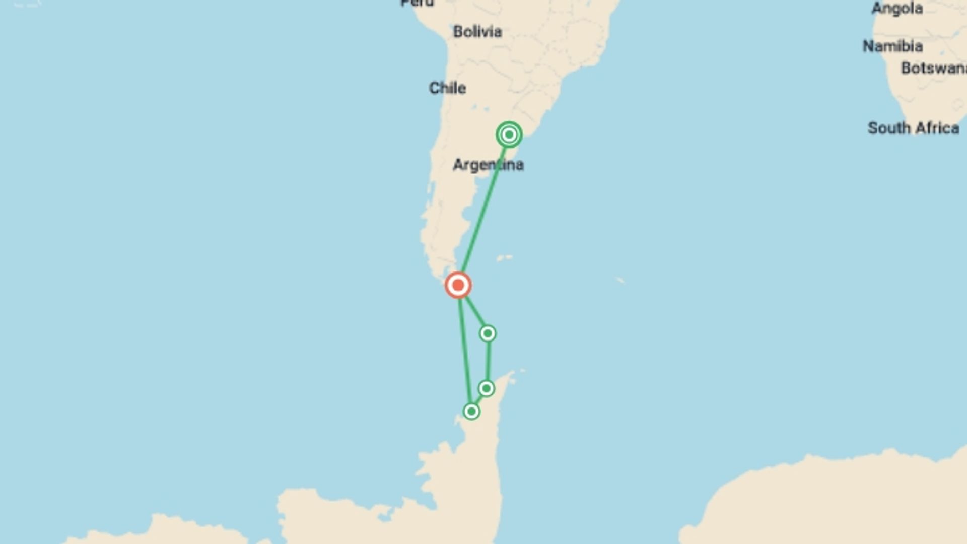 A map showing the tour itinerary for the trip: Crossing the Circle: Southern Expedition, starting in Buenos Aires, Argentina and ending in Ushuaia, Argentina going through 3 other destinations.