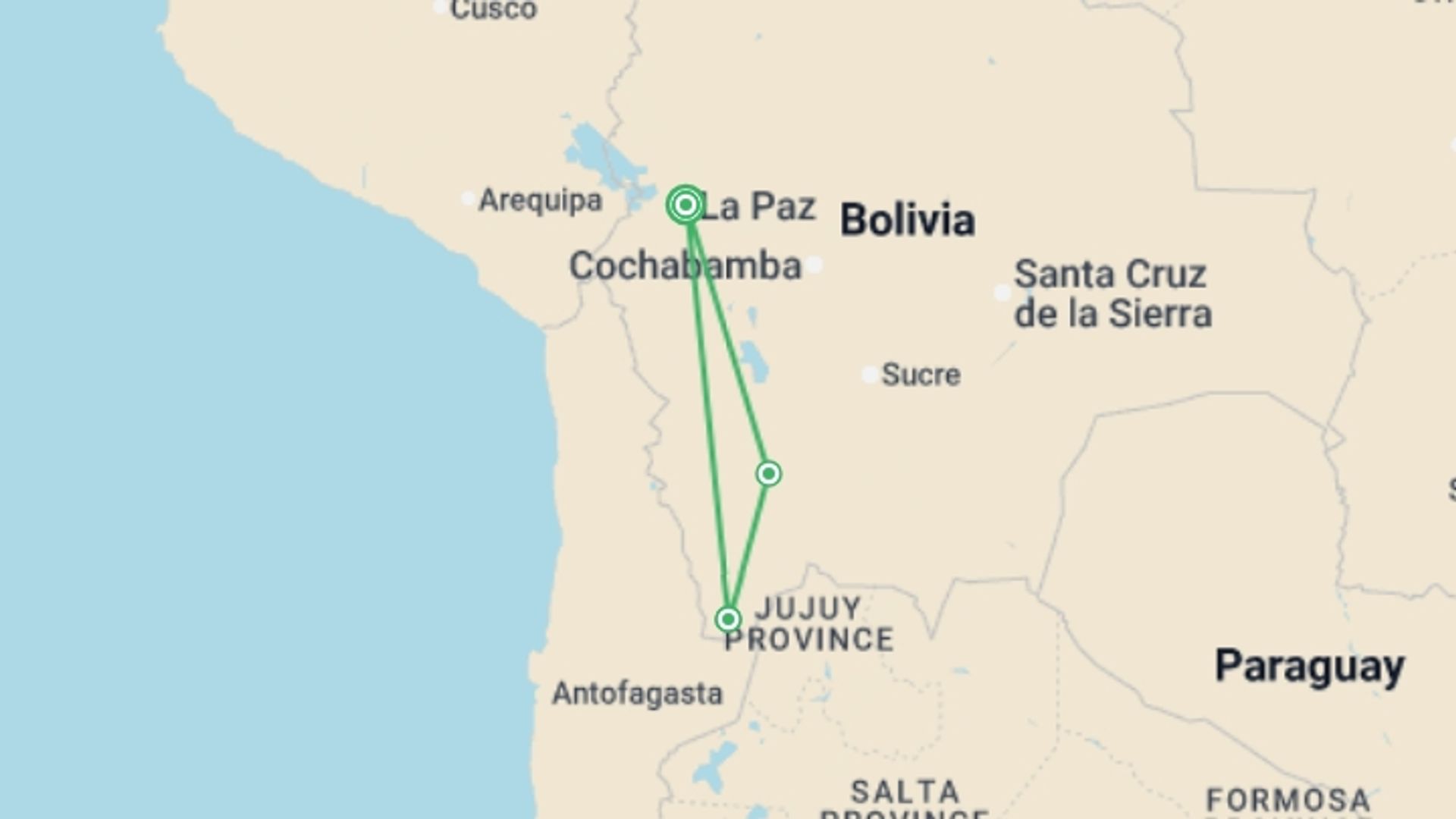 A map showing the tour itinerary for the trip: Bolivia in a Week, starting in La Paz, Bolivia and ending in La Paz, Bolivia going through 3 other destinations.