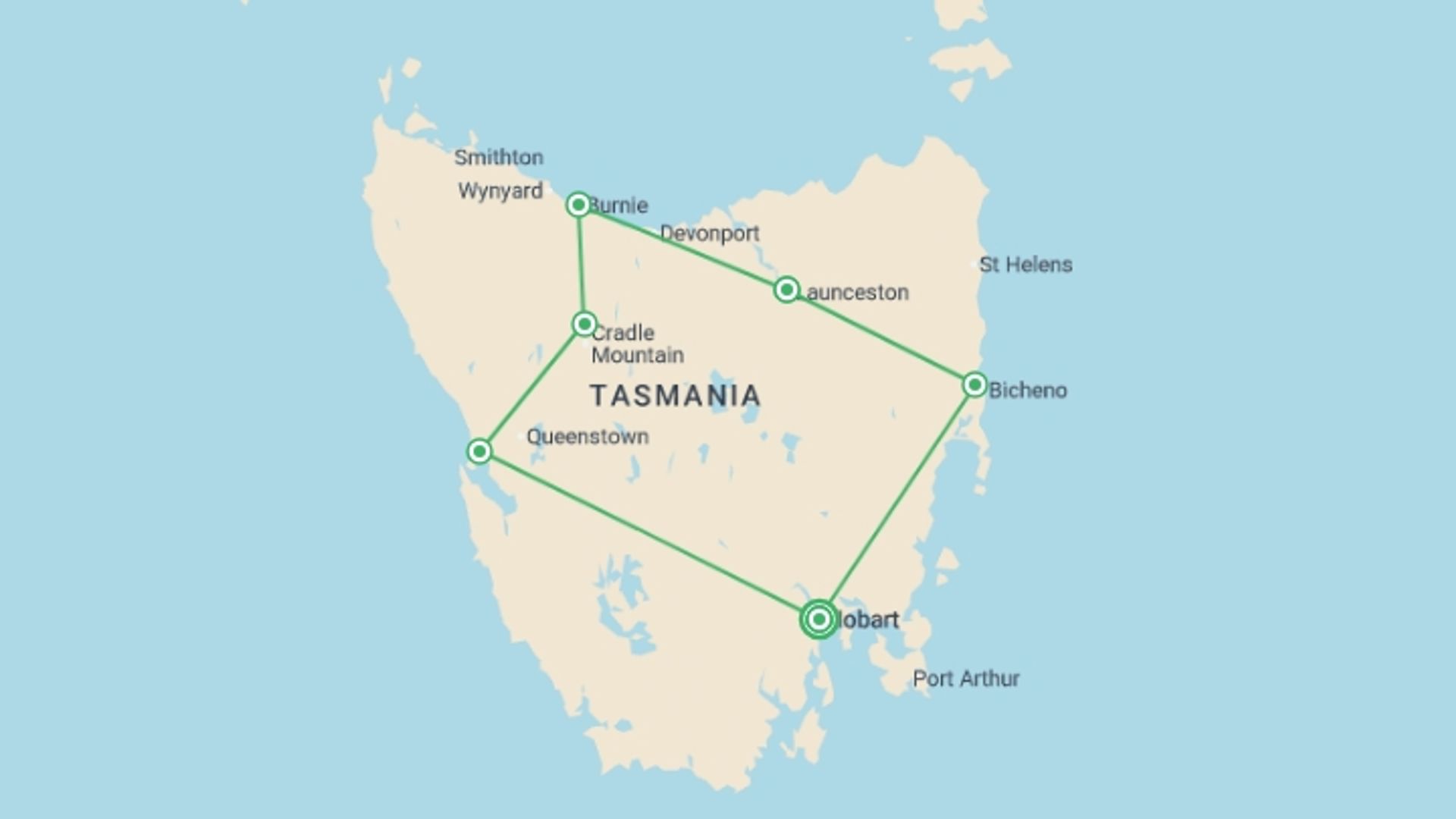 A map showing the tour itinerary for the trip: Tasmanian Wonders, starting in Hobart, Australia and ending in Hobart, Australia going through 5 other destinations.