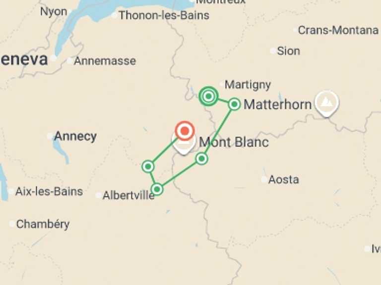 Map of Europe Tour with 8 destination visits for the trip: Tour du Mont Blanc Week Trek