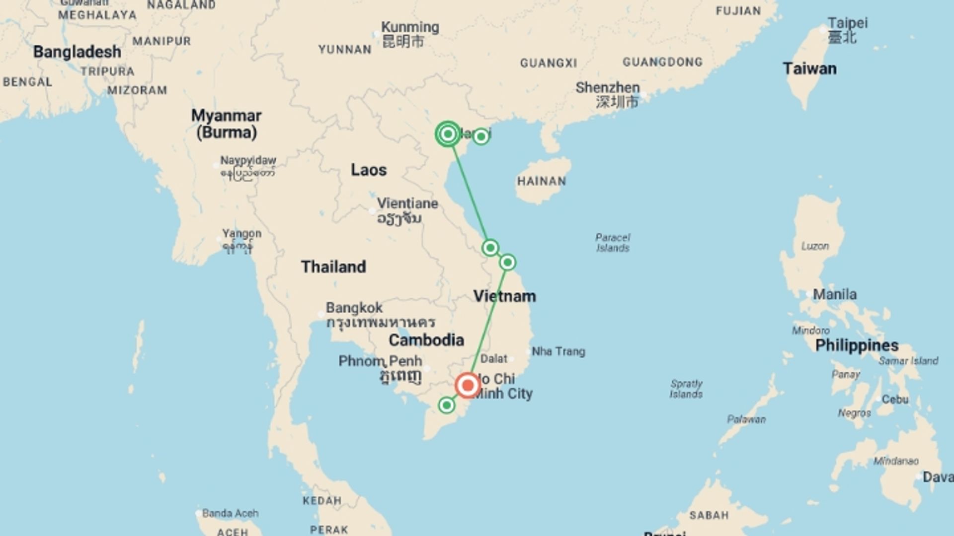 A map showing the tour itinerary for the trip: Vietnam North to South - 12 days, starting in Hanoi, Vietnam and ending in Ho Chi Minh City, Vietnam going through 4 other destinations.