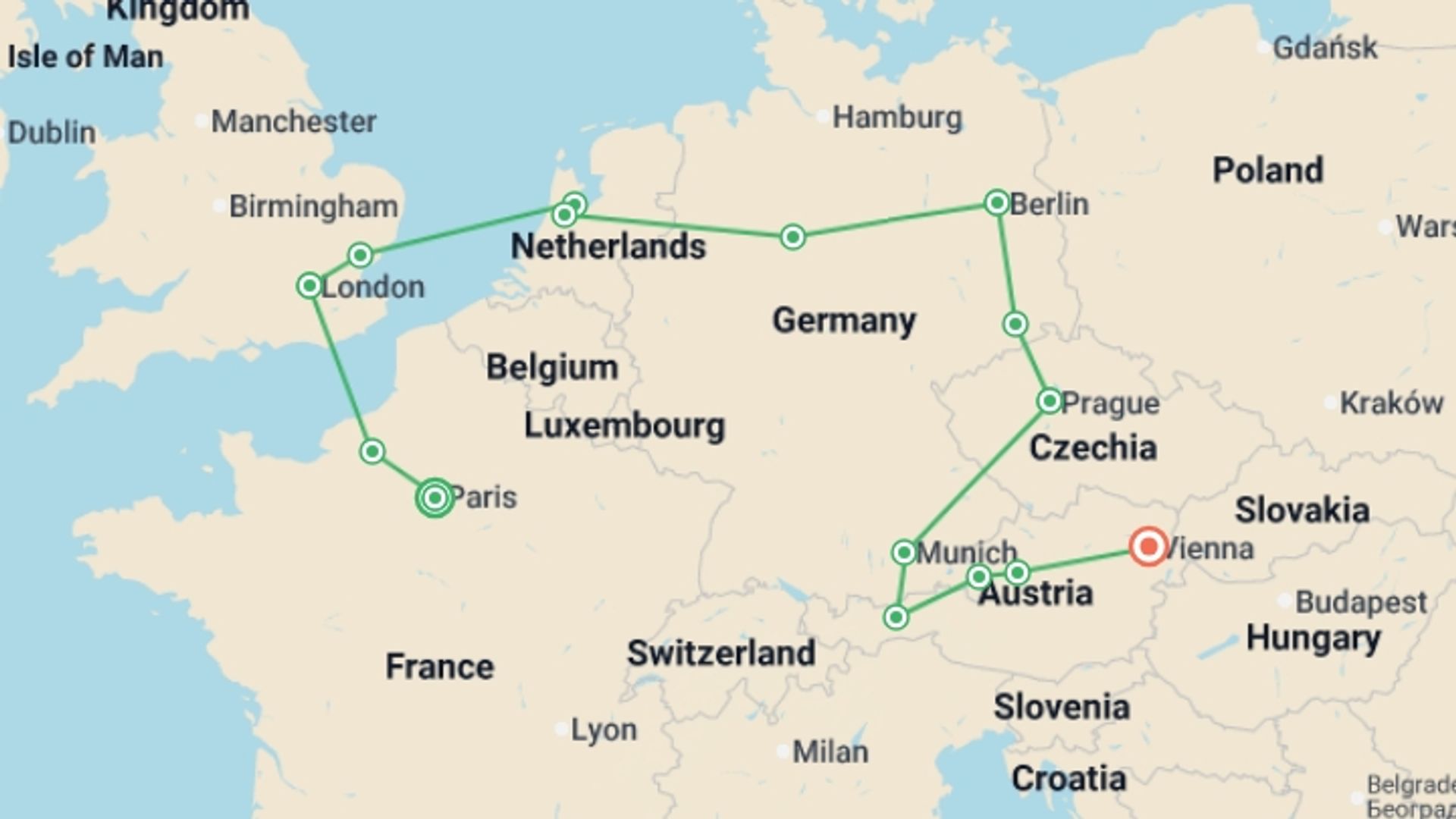 A map showing the tour itinerary for the trip: Paris and Imperial Capitals, starting in Paris, France and ending in Vienna, Austria going through 8 other destinations.