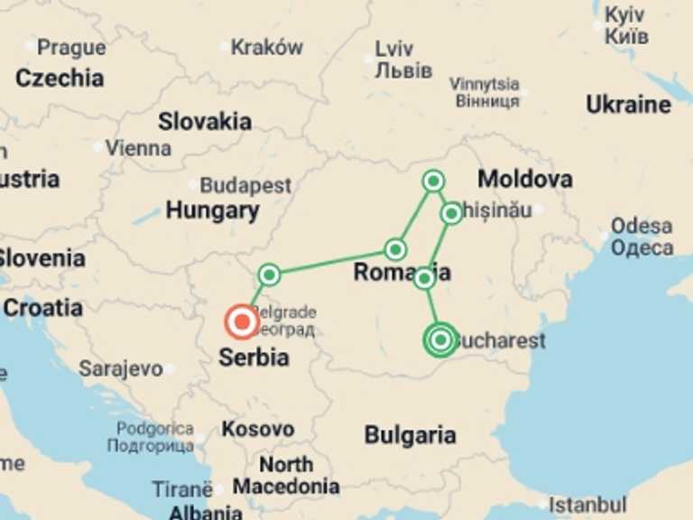 Map of Europe Tour with 7 destination visits for the trip: Balkan Tour