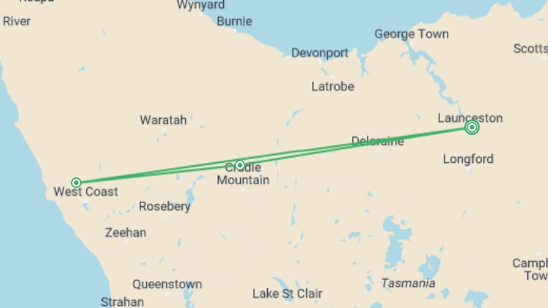 A map showing the tour itinerary for the trip: Walk Tasmania's Tarkine & Cradle Mountain, starting in Launceston, Australia and ending in Launceston, Australia going through 3 other destinations.