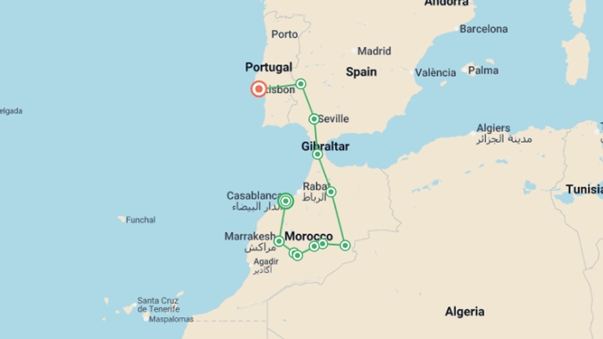 A map showing the tour itinerary for the trip: Moroccan Capitals, Seville and Lisbon, starting in Casablanca, Morocco and ending in Lisbon, Portugal going through 6 other destinations.