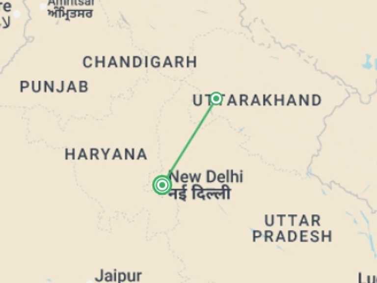 Map of New Delhi Yoga Tour with 3 destination visits for the trip: Rishikesh - 4 days
