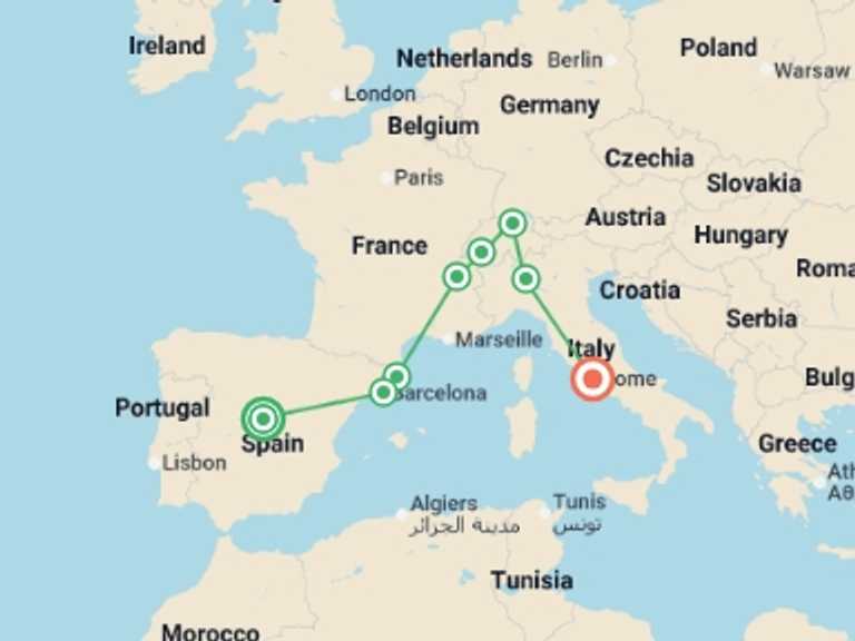 Map itinerary of Mediterranean Tour in March 2026 with 8 destination visits for the trip: Madrid to Rome