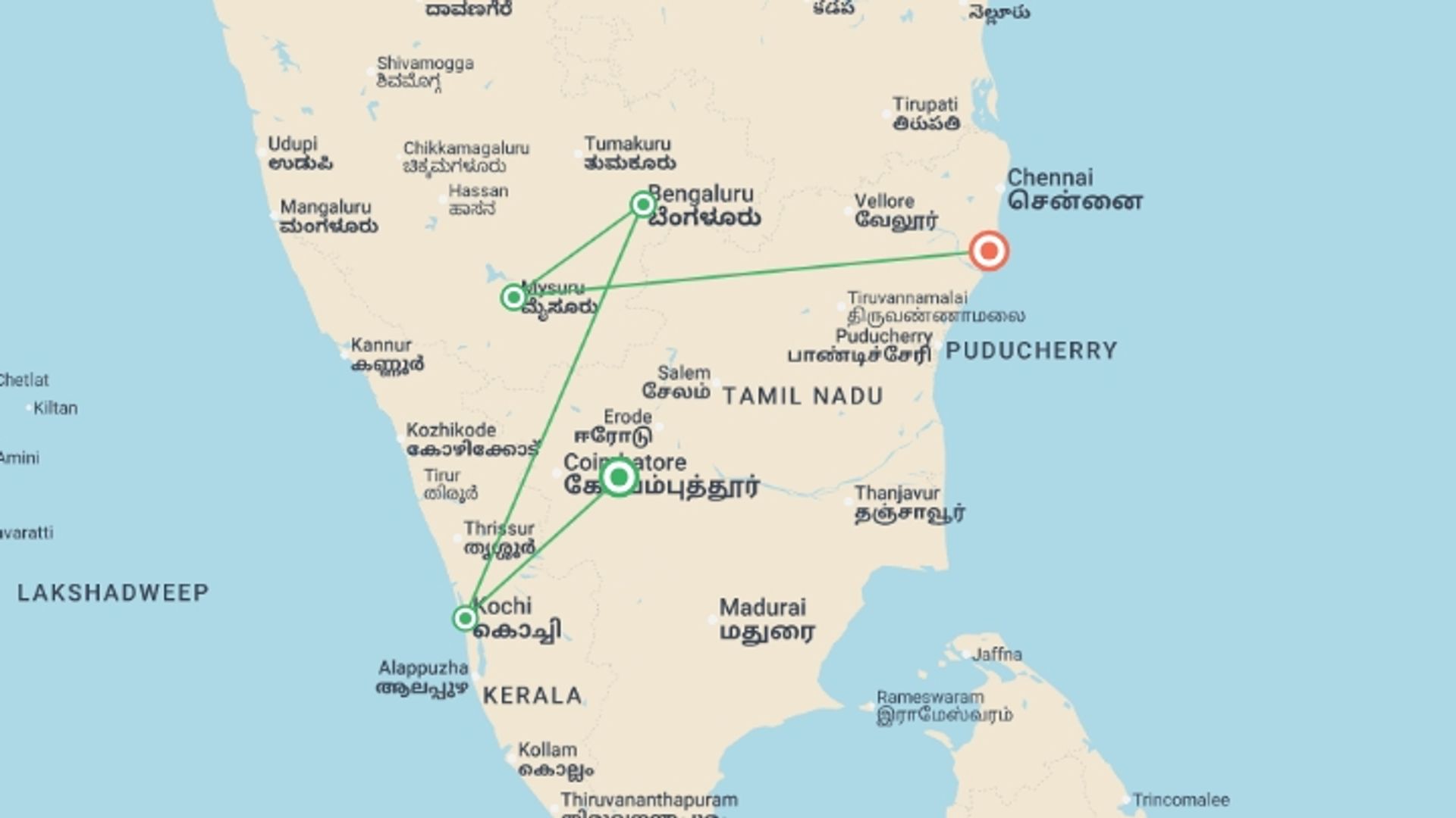A map showing the tour itinerary for the trip: Southern India: West to East Coast, starting in Kerala & Tamil Nadu, India and ending in Mamallapuram, India going through 3 other destinations.