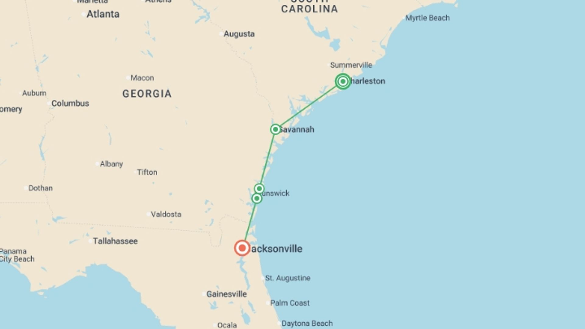 A map showing the tour itinerary for the trip: Southern Charm featuring Charleston, Savannah, and Jekyll Island, starting in Charleston, USA and ending in Jacksonville, USA going through 2 other destinations.