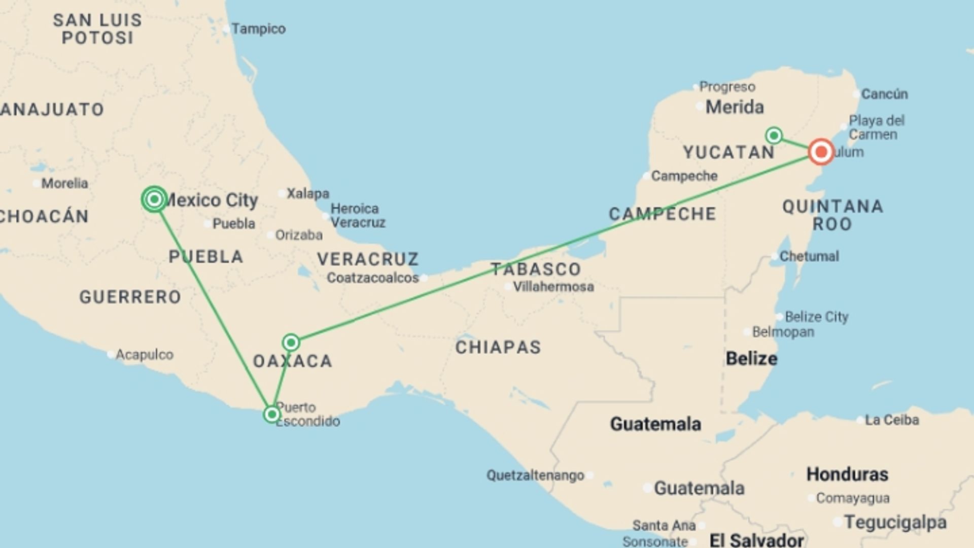 A map showing the tour itinerary for the trip: Essential Mexico Adventure - 10 days, starting in Mexico City, Mexico and ending in Tulum, Mexico going through 3 other destinations.