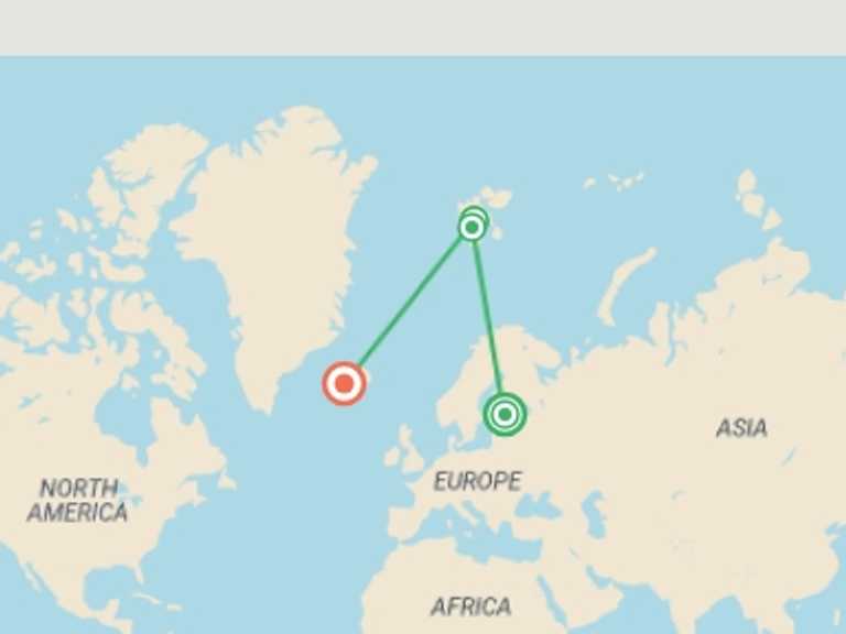 Map of Europe Tour with 7 destination visits for the trip: Three Arctic Islands: Iceland, Greenland, Spitsbergen