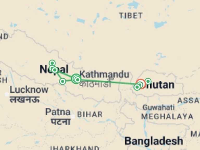 Map of Asia Tour with 10 destination visits for the trip: Nepal & Bhutan: From the Annapurna Foothills to Tiger's Nest