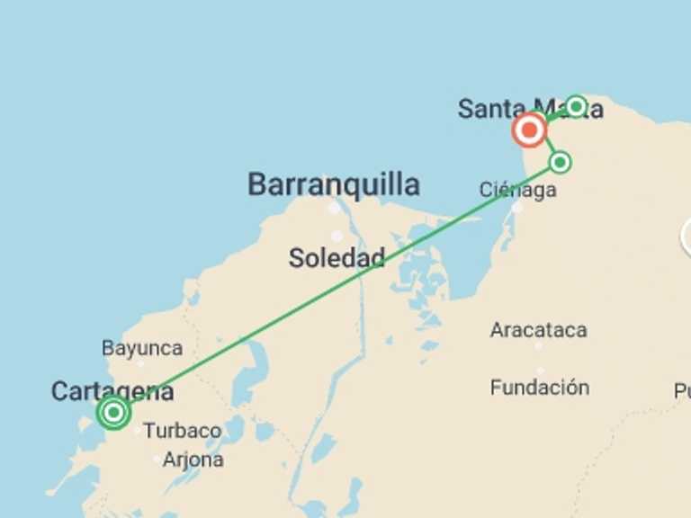 Map itinerary of Colombia Tour in January 2027 with 5 destination visits for the trip: Caribbean Colombia Express