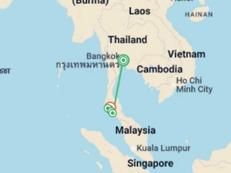 Map itinerary of Asia Tour in December 2026 with 5 destination visits for the trip: Thai Island Hopping
