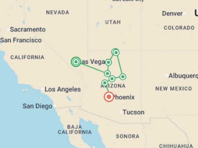 Map of a Adventure and sport Tour with 8 destination visits for the trip: Vegas to Phoenix & Grand Canyon - 8 days