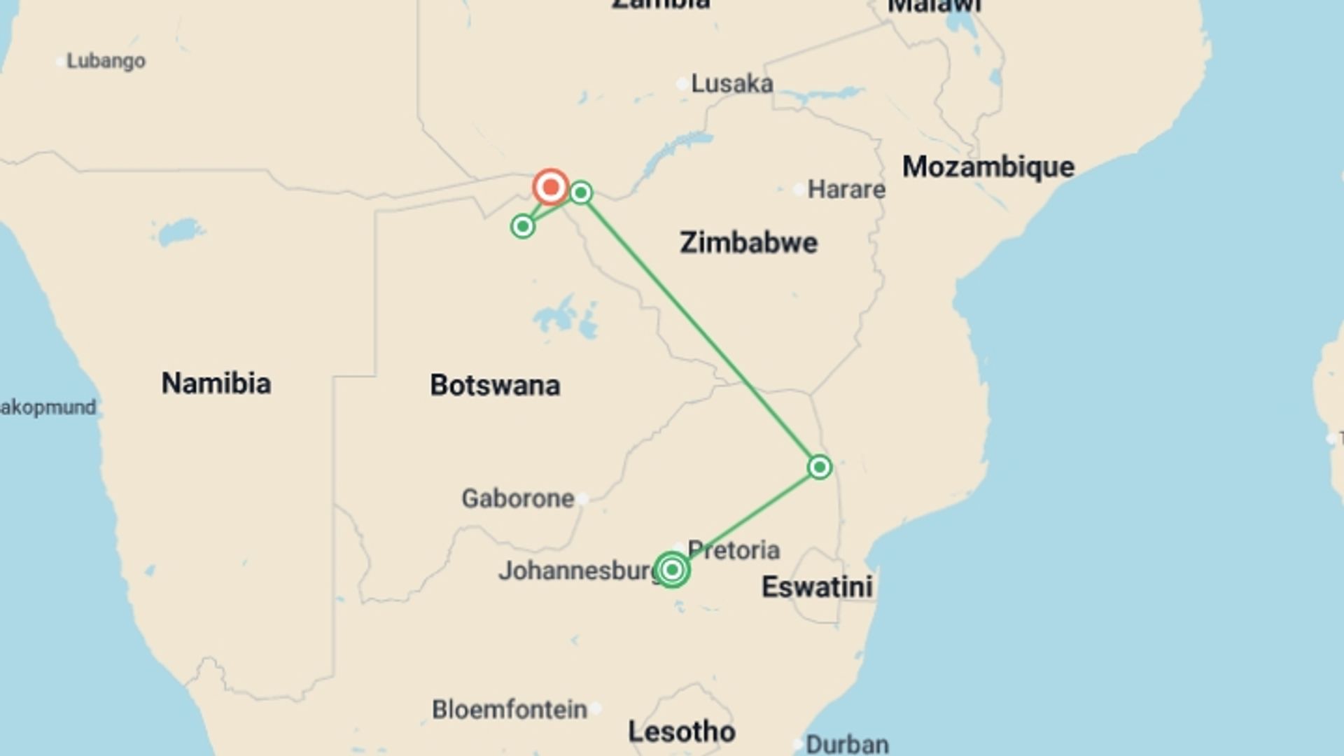 A map showing the tour itinerary for the trip: Premium Southern Africa, starting in Johannesburg, South Africa and ending in Kasane, Botswana going through 3 other destinations.