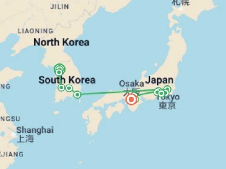 Map of 13-Day Osaka Tour with 7 destination visits for the trip: Korean Snapshots and Japan with Hakone