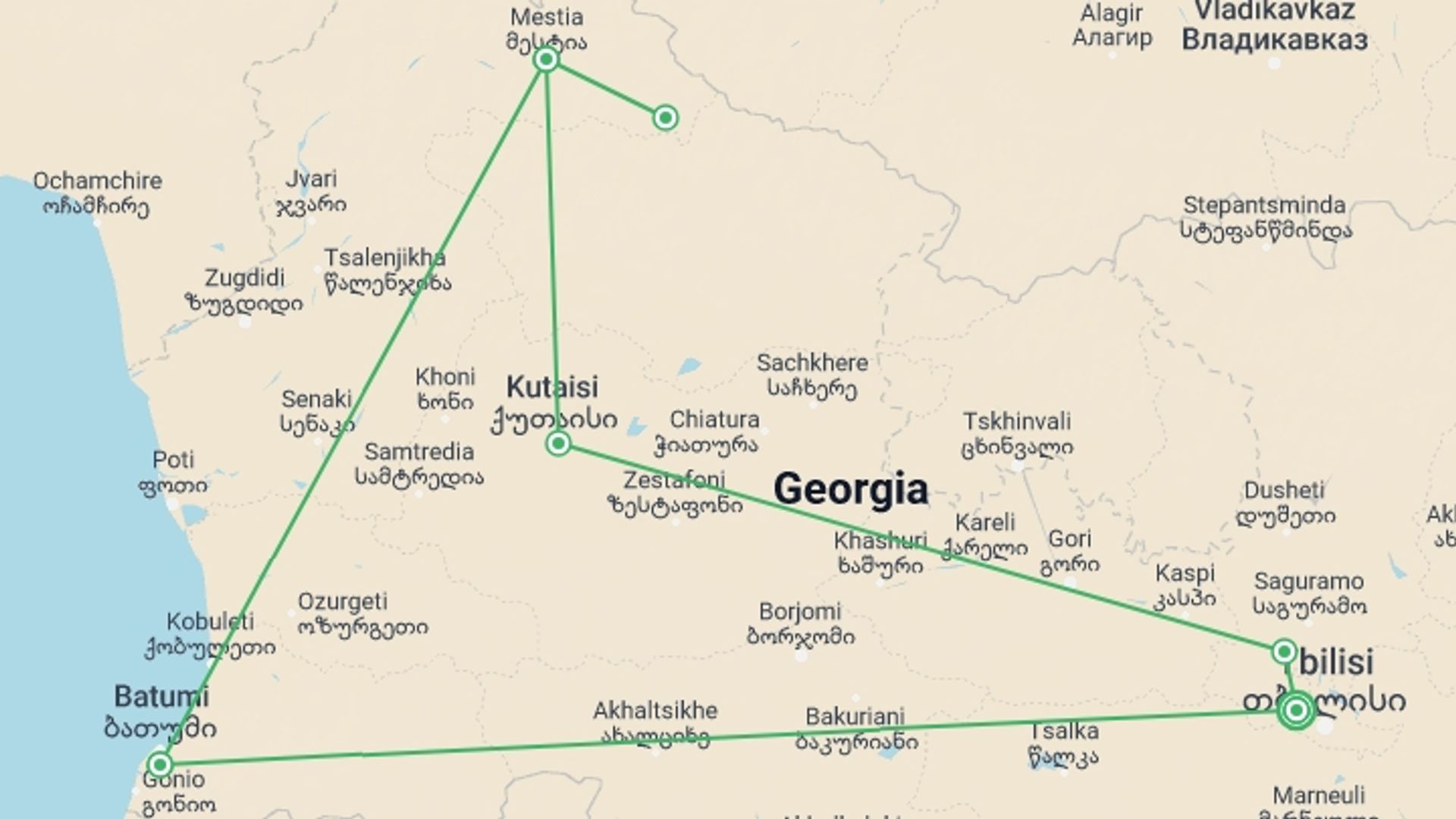 A map showing the tour itinerary for the trip: Georgia Adventure, starting in Tbilisi, Georgia and ending in Tbilisi, Georgia going through 4 other destinations.