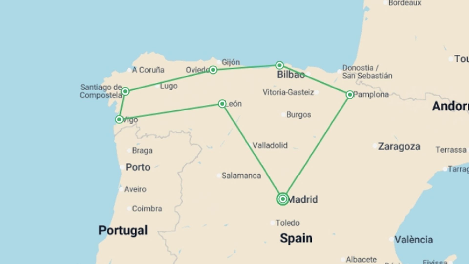 A map showing the tour itinerary for the trip: Northern Spain Explorer - 8 days, starting in Madrid, Spain and ending in Madrid, Spain going through 6 other destinations.