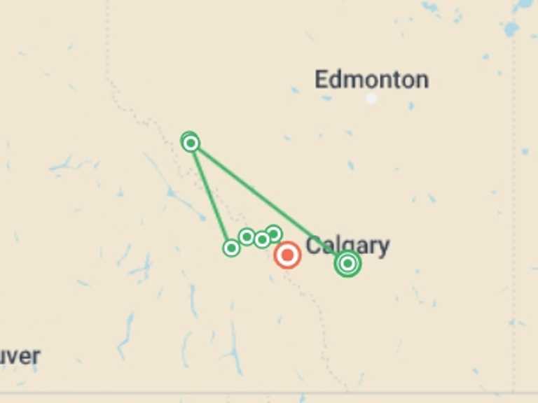 Map of Canada Cultural, religious and historic sites Tour with 9 destination visits for the trip: Discover the Canadian Rockies: Jasper to Banff