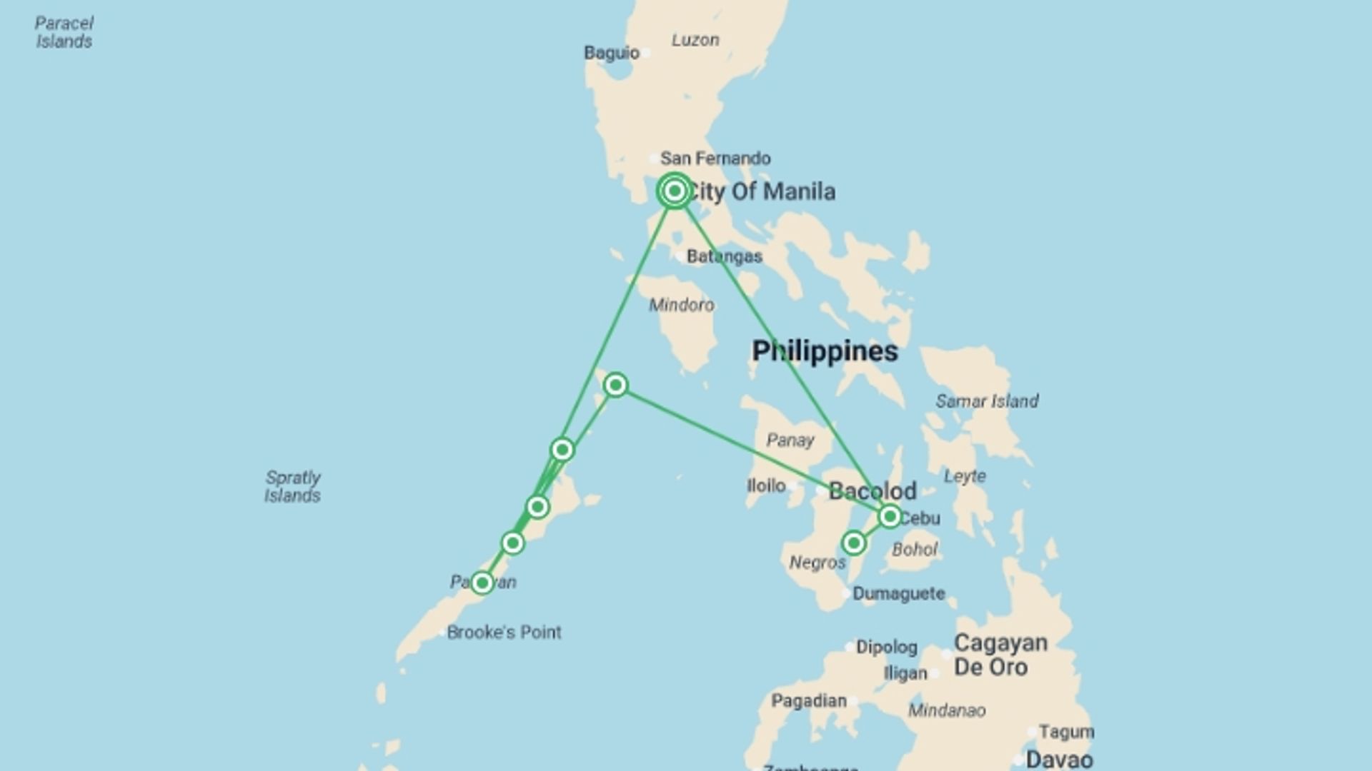 A map showing the tour itinerary for the trip: Highlights of the Philippines Youth Adventure - 17 days, starting in Manila, Philippines and ending in Manila, Philippines going through 6 other destinations.