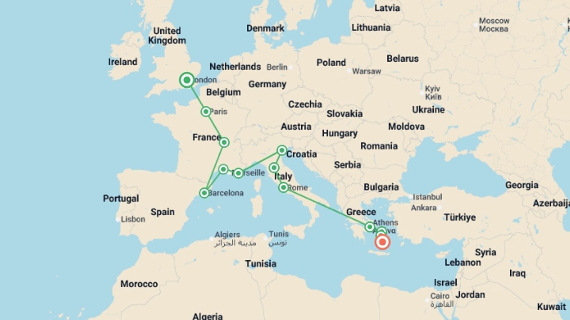A map showing the tour itinerary for the trip: London to Santorini, starting in London, England and ending in Santorini, Greece going through 10 other destinations.