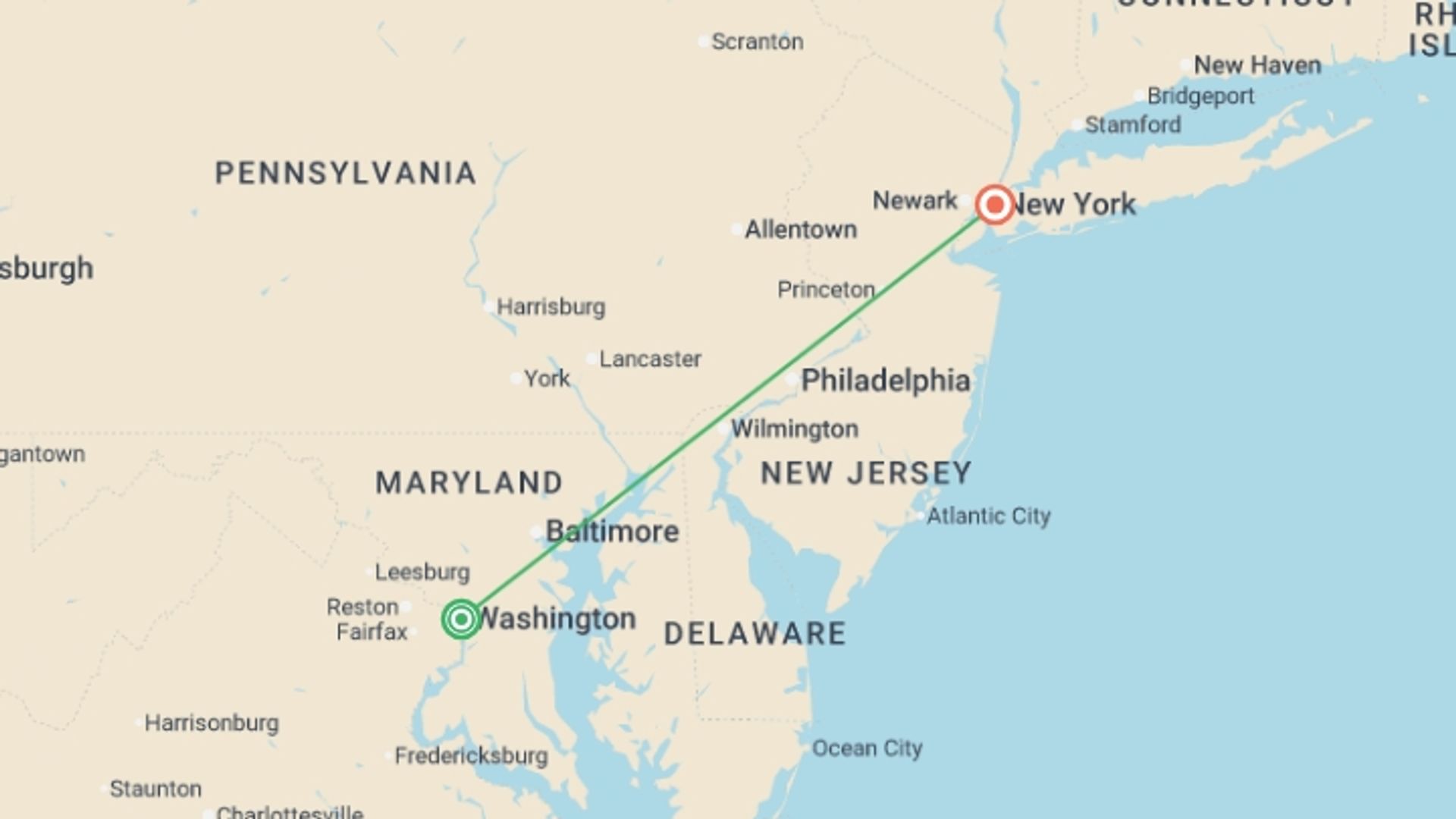 A map showing the tour itinerary for the trip: Washington and New York, starting in Washington D.C., USA and ending in New York, USA going through 0 other destinations.