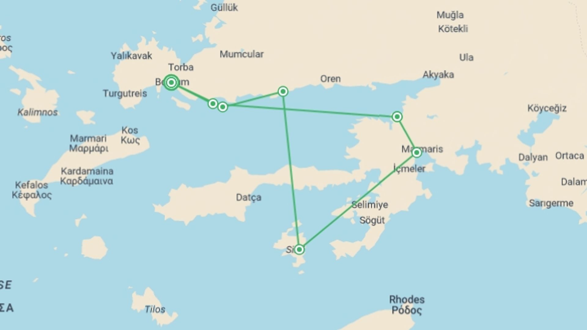 A map showing the tour itinerary for the trip: Gulet Cruise, Bodrum – Gulf Of Gokova – Bodrum, starting in Bodrum, Turkey and ending in Bodrum, Turkey going through 4 other destinations.