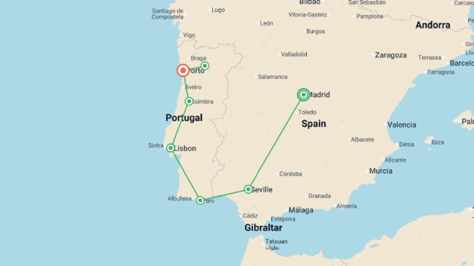A map showing the tour itinerary for the trip: Discover Spain & Portugal by Rail, starting in Madrid, Spain and ending in Porto, Portugal going through 6 other destinations.