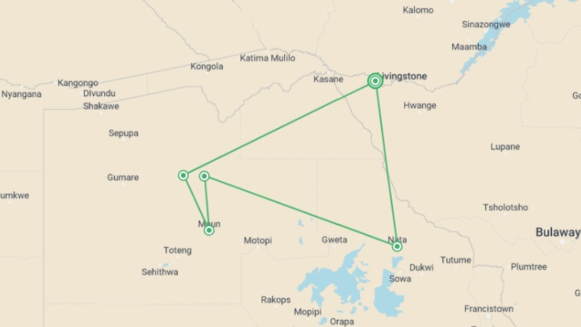 A map showing the tour itinerary for the trip: Best of Botswana & Victoria Falls - 12 days, starting in Victoria Falls, Zimbabwe and ending in Victoria Falls, Zimbabwe going through 4 other destinations.