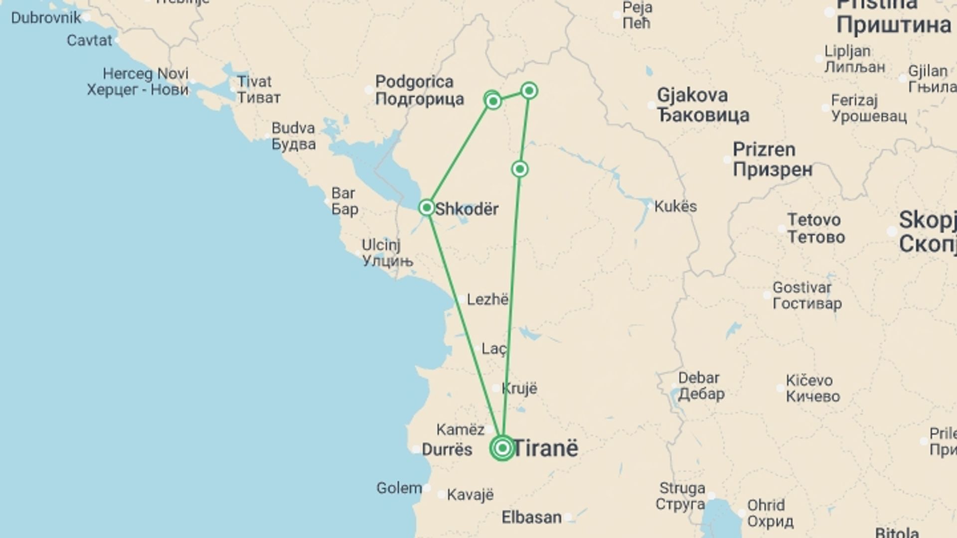 A map showing the tour itinerary for the trip: Hiking the Albanian Alps, starting in Tirana, Albania and ending in Tirana, Albania going through 5 other destinations.