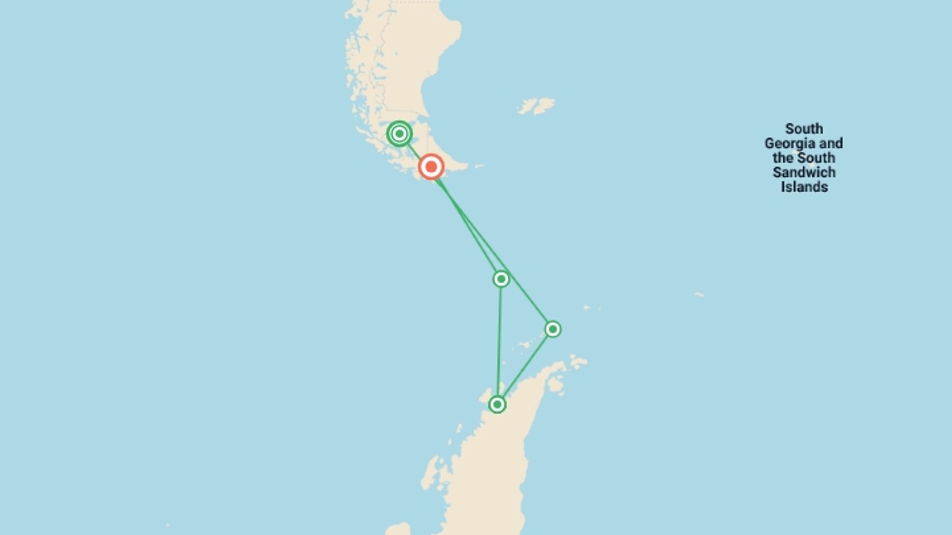 A map showing the tour itinerary for the trip: Antarctica Through the Lens -  M/V Sylvia Earle, starting in Ushuaia, Argentina and ending in Punta Arenas, Chile going through 3 other destinations.