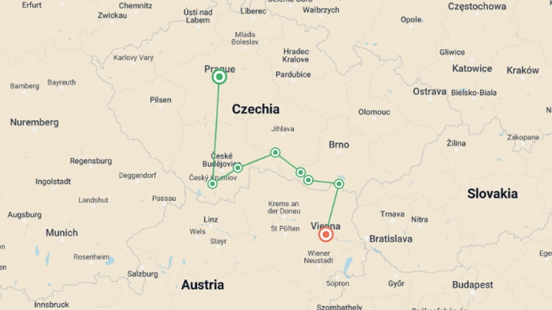 A map showing the tour itinerary for the trip: Prague to Vienna Self Guided Cycle, starting in Prague, Czech Republic and ending in Vienna, Austria going through 6 other destinations.