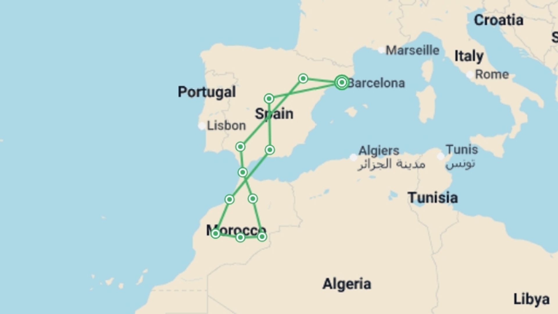 A map showing the tour itinerary for the trip: Pearls of Spain and Mysterious Morocco, starting in Barcelona, Spain and ending in Barcelona, Spain going through 10 other destinations.
